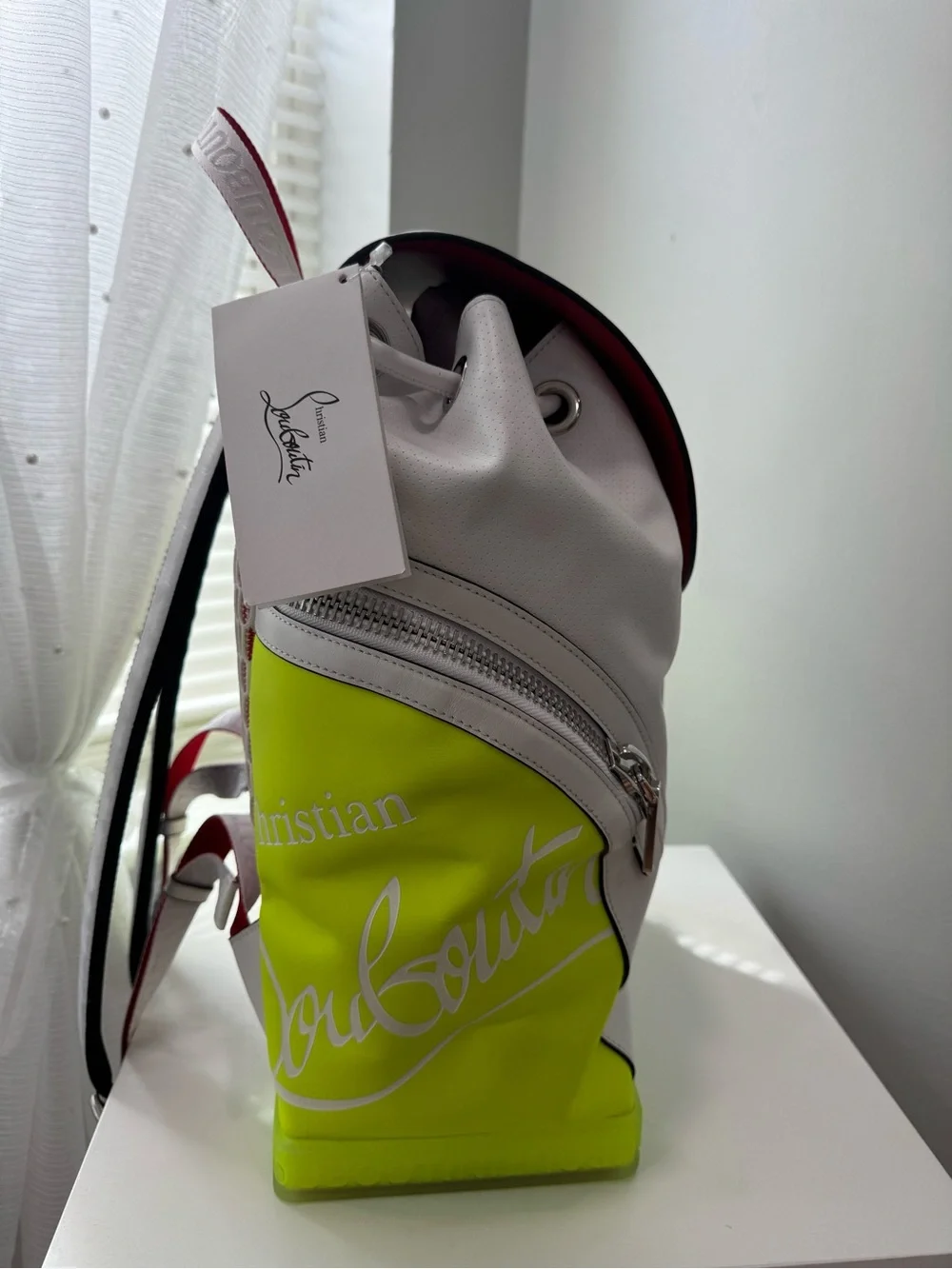 Christian Louboutin White and Neon Yellow Drawstring Backpack